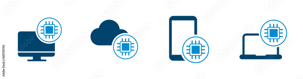 Poster chip and device icons for computers, cloud computing, phones, laptops. solid vector icons.