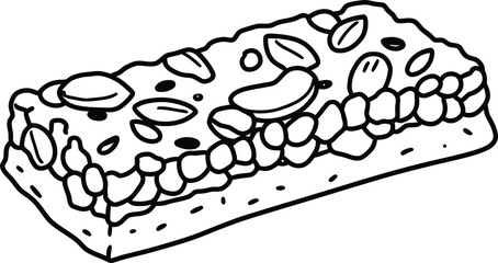 Nutrient-Rich Snack Bar: A close-up, detailed monochrome illustration of a delicious and nutritious snack bar, packed with a variety of seeds and nuts.