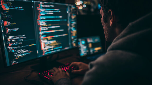 Software developer typing on laptop with code editor open, fixing bugs in code