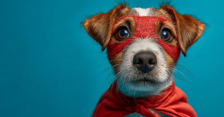 Dog super hero costume. little jack russell wearing a red mask for carnival party isolated blue background