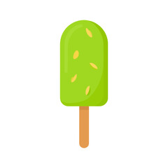 A vibrant green ice pop with nut pieces, featuring a glossy texture on a wooden stick.