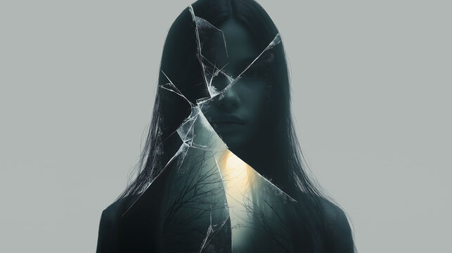 Silhouetted woman's head shattered like glass into glowing shards, symbolizing dissociative identity disorder. Minimalist, high contrast design