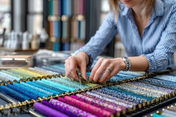 Fabric designer selecting colorful patterned fabrics in a creative studio setting