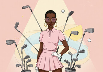stylish african american young woman golfer in pink attire with sunglasses stands confidently surrounded by golf clubs. fashion and empowerment. sports illustration, lifestyle poster.