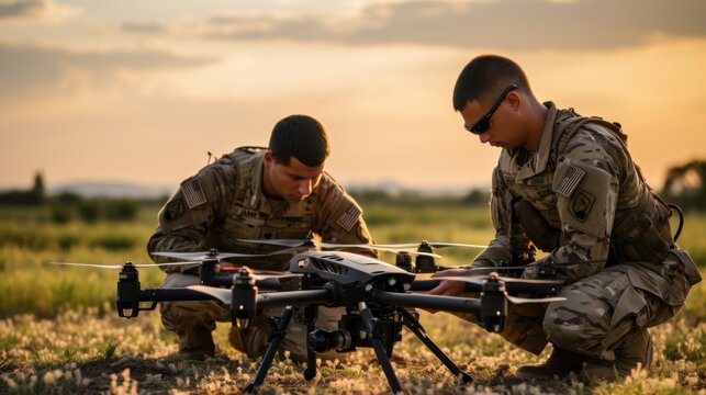 Military personnel operating advanced drone technology in open field evening light action scene focused environment tactical operations