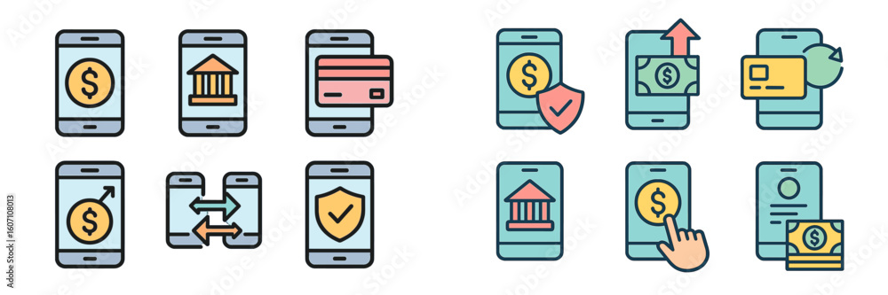 Poster digital banking icons representing various financial transactions and services on smartphone screens