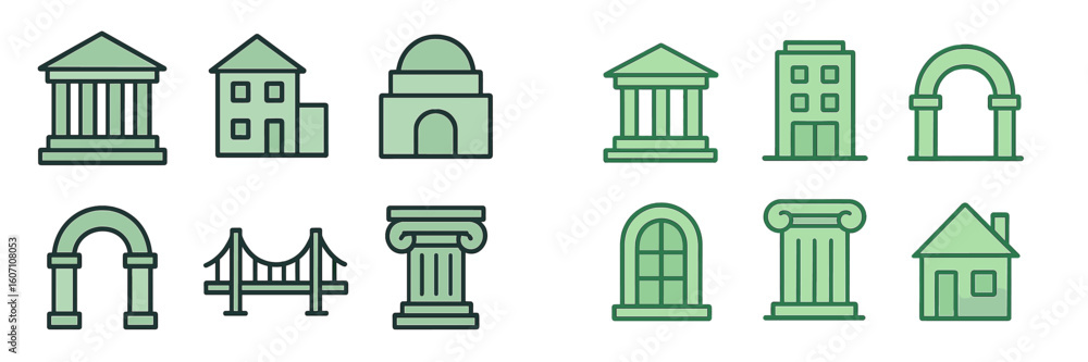 Poster various architectural structures illustrated in a minimalist style using green tones in a grid layou