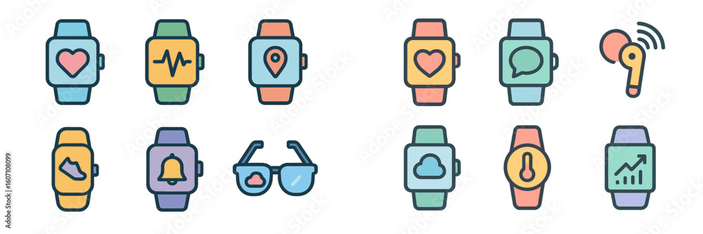 Poster digital smartwatches displaying various health and communication apps in a colorful design layout sh
