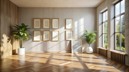 Sunlight streams through large windows illuminating a modern room with framed art and lush green plants
