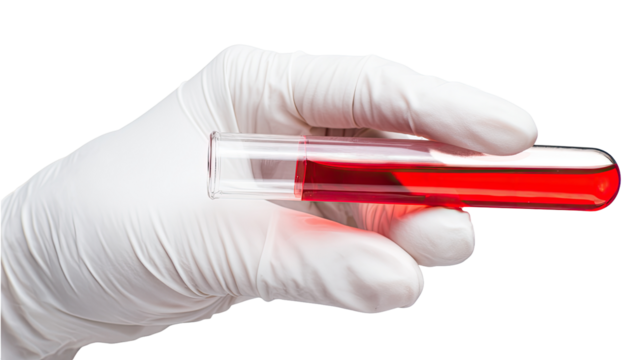 Lab hand holding a test tube with red liquid