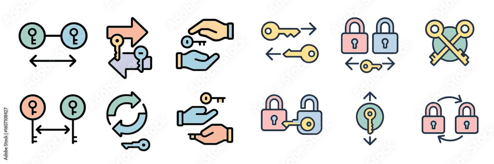 Poster different symbols representing key exchange, lock mechanisms, and security, illustrating concepts of