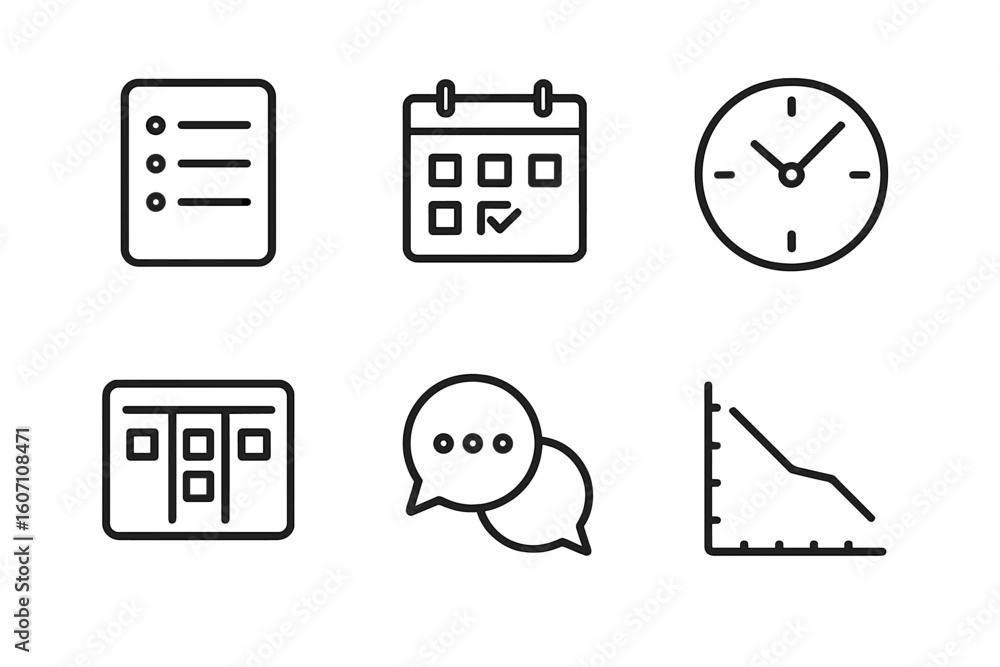 Poster modern icons representing organization, scheduling, and time management in a minimalist design