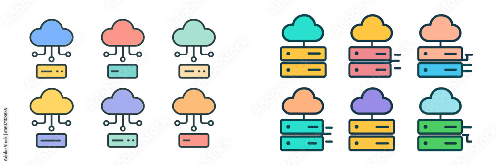 Poster cloud computing icons illustrating data storage and connection processes in a colorful design with m