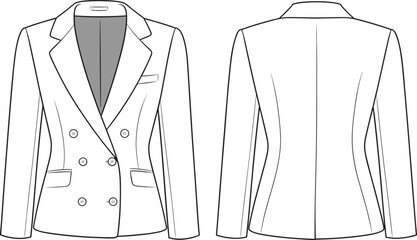 Double-breasted women’s blazer cad drawing, front and back technical sketch, formal tailored jacket vector flat fashion template for Adobe Stock