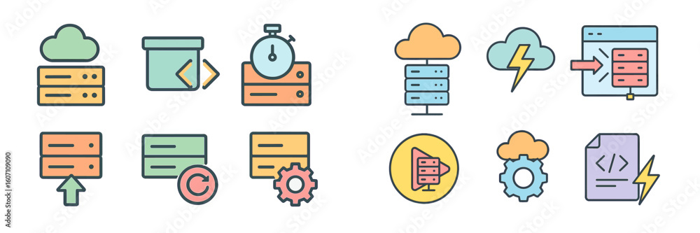 Poster design elements showcasing cloud computing icons representing data storage, processing, and manageme