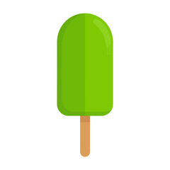 A simple, bright green popsicle with a glossy finish and rounded top on a wooden stick.