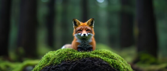 Majestic red fox sitting on mossy rock in tranquil forest setting with soft natural lighting