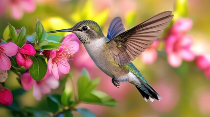 Fototapeta premium Hummingbird in flight, feeding on pink blossoms