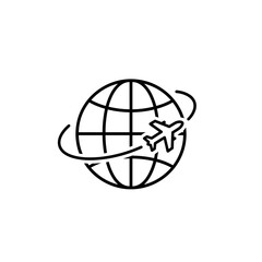 Airplane flying around the globe in minimal line art style  