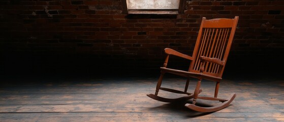 Rustic wooden rocking chair in an empty, dimly lit attic with exposed brick wall and floor