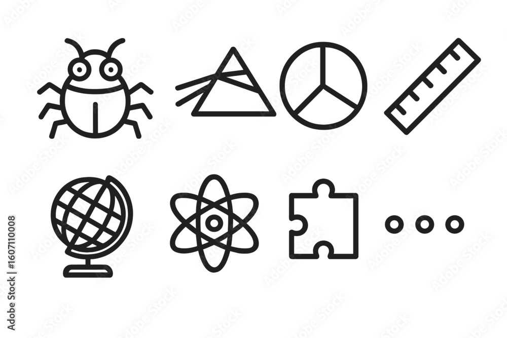 Aufkleber collection of simple line icons representing science, geometry, and nature in a minimalistic style