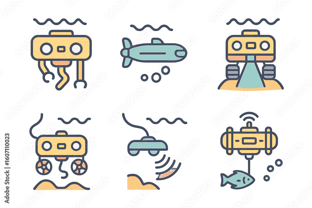 Aufkleber exploring underwater technology with various robotic devices designed for research and marine explor