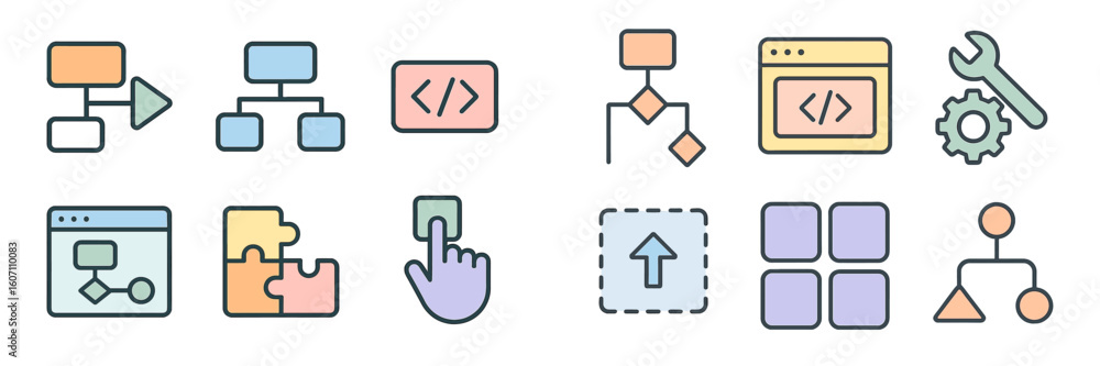Poster colorful flowchart icons representing various stages of processes and software development in a mode