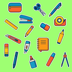 School and office stationery set in flat style vector illustration on transparent background