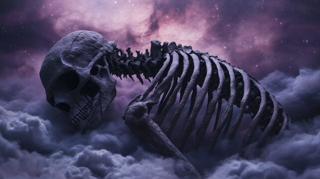 Dark Ethereal Skeleton in Clouds with Cosmic Background and Mystical Stars Above