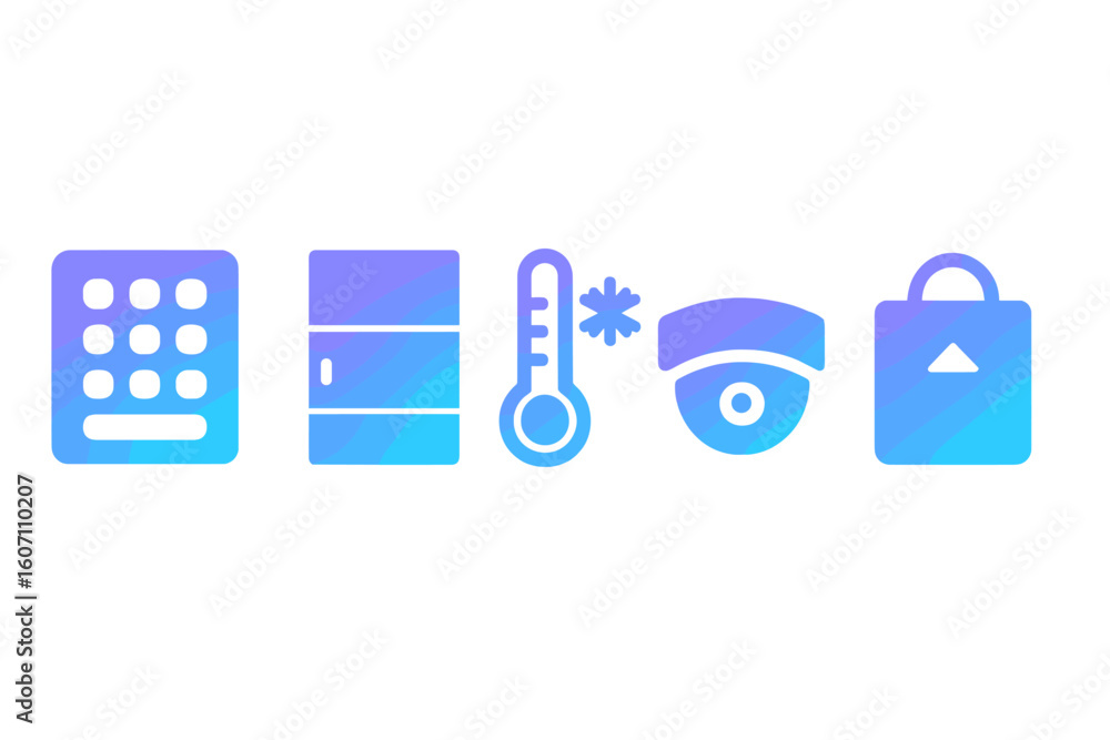 Poster digital icons representing modern home automation and security systems in a minimalist design