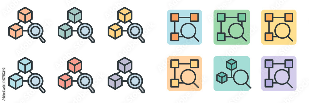 Poster vector illustrations of data analysis and organization tools showcasing various designs and color sc