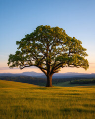 Grand ancient tree stands alone on open plain, sunlight illuminating lush green leaves, peaceful landscape at sunset
