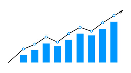 Blue business grow up graph with line arrow moving upward direction concept of economic growth, stock market profit, business growth, share, stock, financial growth. Vector illustration.
