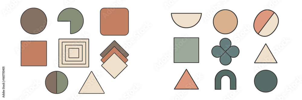 Poster colorful geometric shapes arranged in a pattern showcasing various designs and colors for artistic i