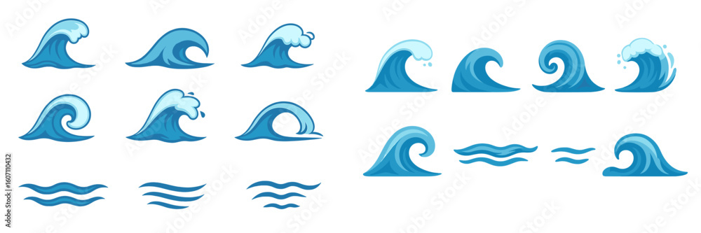 Poster different styles of wave illustrations showcasing various ocean wave forms and water movement in a c