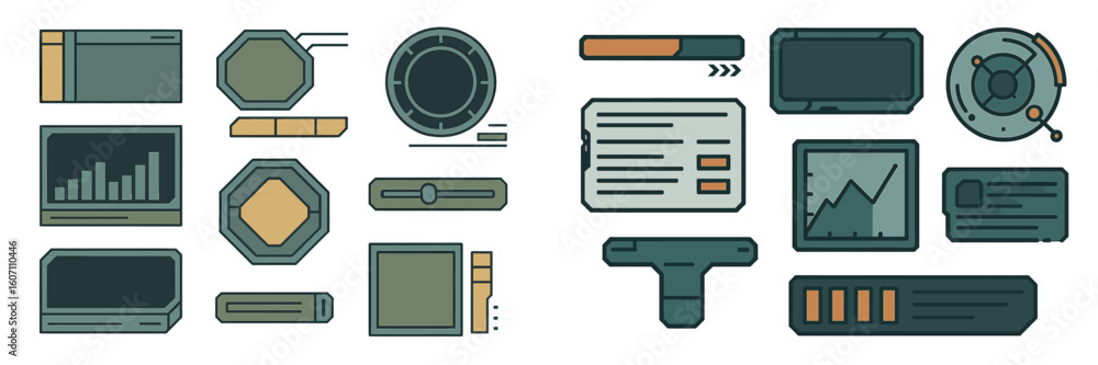 Poster graphic elements for user interface design including charts and buttons arranged creatively for digi