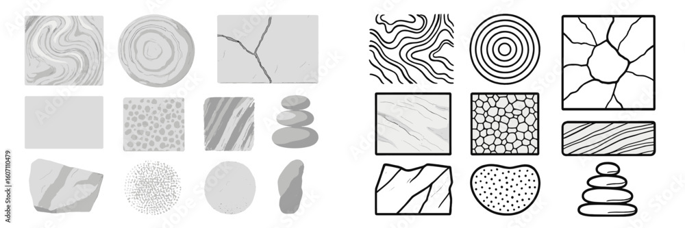 Poster collection of various marble textures and patterns displayed on a white background showcasing natura