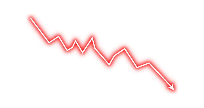 Down fall red neon glow arrow graph business loss concept, stock market investment downward direction, financial loss, stock market crash. Vector illustration.