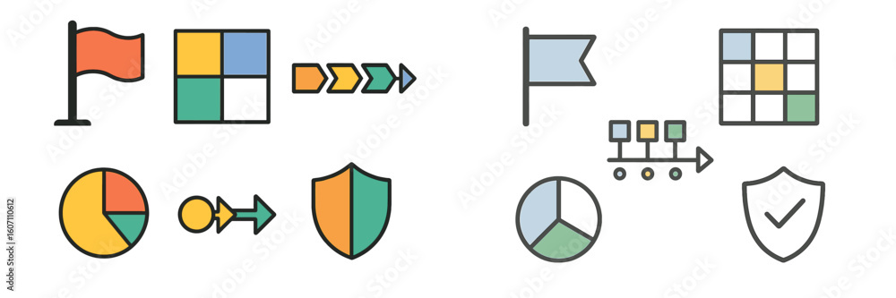 Poster colorful icons representing various concepts such as progress, security, and data analysis in a mode