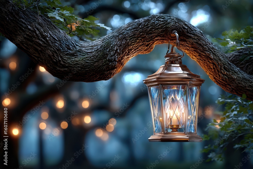 Poster illuminated lantern hanging from a tree branch in a serene evening setting