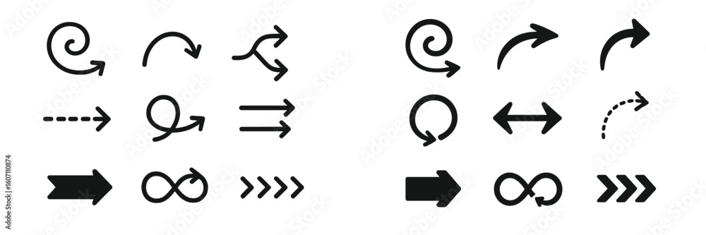 Aufkleber collection of various arrow and swirl symbols illustrating direction and flow in graphic design