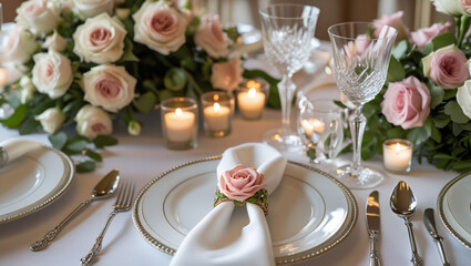 Elegant table setting roses candles wedding reception dinner party celebration event decor design style