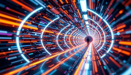 a futuristic scene with vibrant neon lights creating intricate patterns that resemble a tunnel or portal