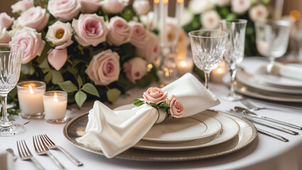 Elegant wedding table decor with roses candles and glassware for a romantic event celebration design