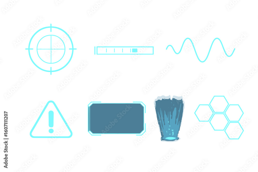 Poster collection of digital icons representing various functions and warnings in a modern interface design