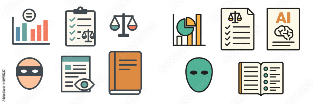 Poster infographic showing concepts related to law, artificial intelligence, data analysis, and security in