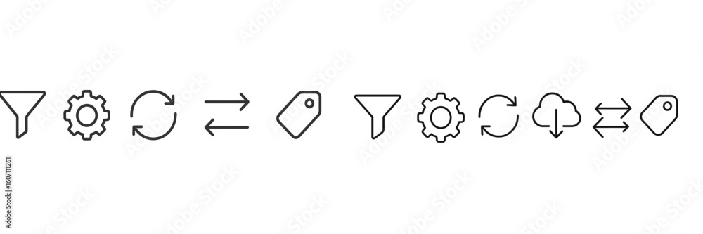 Poster set of minimalist symbols representing actions and settings for user interface design, showcasing va