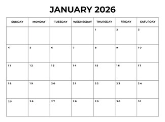 Printable January 2026 Calendar with Daily Boxes Week Starts from Sunday