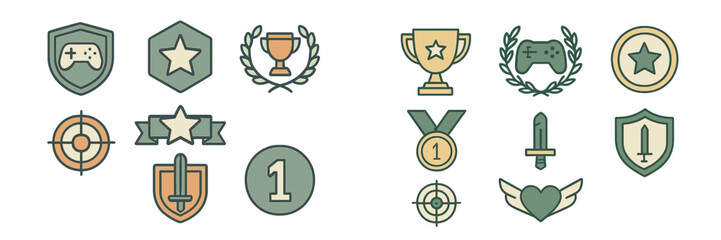Badges and icons representing achievements in gaming and competition displayed in a grid format