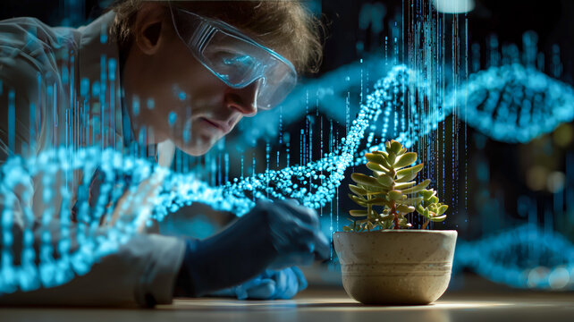 Scientist studying plant genetics, with a digital DNA overlay. Focus on innovation in plant science and genetic research.